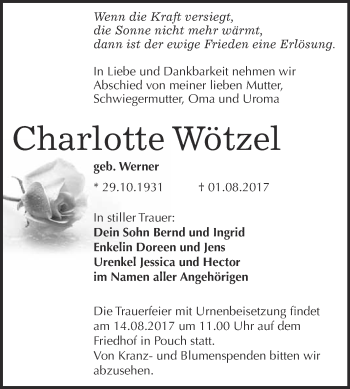 Traueranzeige von Charlotte Wötzel von WVG - Wochenspiegel Bitterfeld