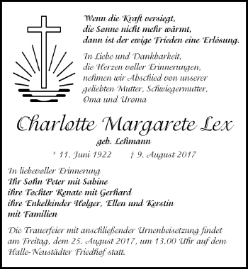 Traueranzeige von Charlotte Margarete Lex von Mitteldeutsche Zeitung Halle/Saalkreis