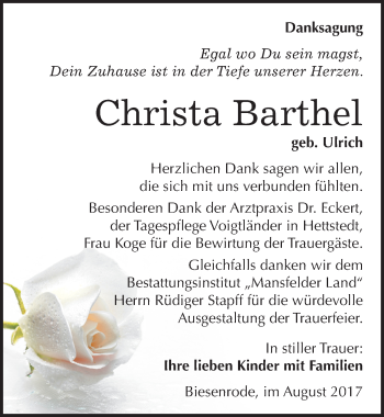 Traueranzeige von Christa Barthel von Mitteldeutsche Zeitung Mansfelder Land