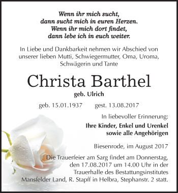 Traueranzeige von Christa Barthel von Mitteldeutsche Zeitung Mansfelder Land