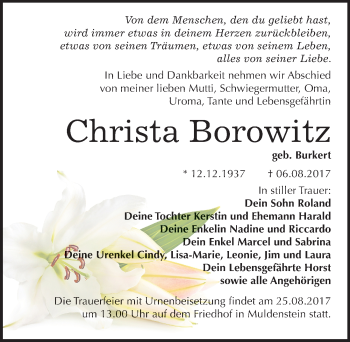 Traueranzeige von Christa Borowitz von Mitteldeutsche Zeitung Bitterfeld