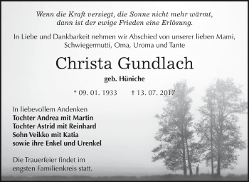 Traueranzeige von Christa Gundlach von WVG - Wochenspiegel Dessau / Köthen
