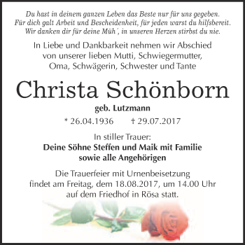 Traueranzeige von Christa Schönborn von WVG - Wochenspiegel Bitterfeld