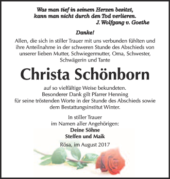 Traueranzeige von Christa Schönborn von WVG - Wochenspiegel Bitterfeld