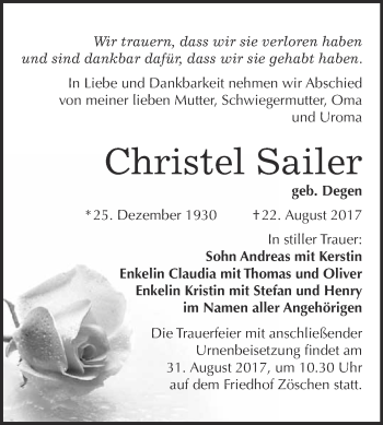 Traueranzeige von Christel Sailer von Super Sonntag Merseburg