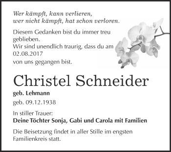 Traueranzeige von Christel Schneider von Super Sonntag Wittenberg