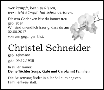 Traueranzeige von Christel Schneider von Mitteldeutsche Zeitung Wittenberg
