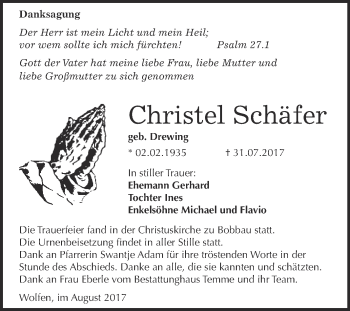 Traueranzeige von Christel Schäfer von WVG - Wochenspiegel Bitterfeld