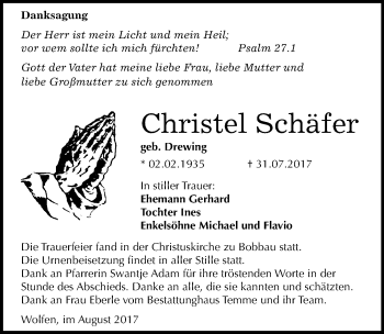 Traueranzeige von Christel Schäfer von Mitteldeutsche Zeitung Bitterfeld