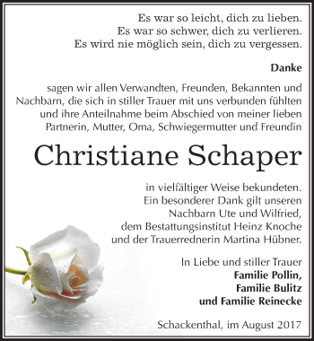 Traueranzeige von Christiane Schaper von Mitteldeutsche Zeitung Aschersleben
