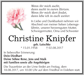 Traueranzeige von Christine Knipfer von Wochenspiegel Mansfelder Land