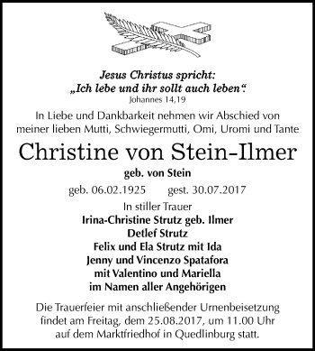 Traueranzeige von Christine  von Stein-Ilmer von WVG - Wochenspiegel Quedlinburg