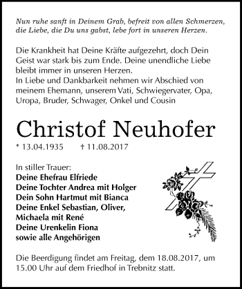 Traueranzeige von Christof Neuhofer von Mitteldeutsche Zeitung Merseburg/Querfurt