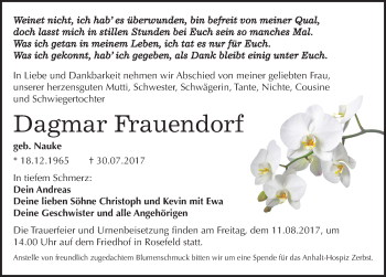 Traueranzeige von Dagmar Frauendorf von Mitteldeutsche Zeitung Köthen