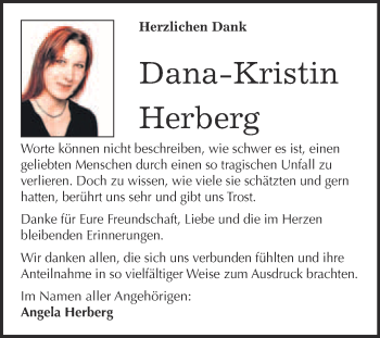 Traueranzeige von Dana-Kristin Herberg von WVG - Wochenspiegel Bitterfeld