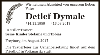 Traueranzeige von Detlef Dymale von WVG - Wochenspiegel NMB / WSF / ZTZ