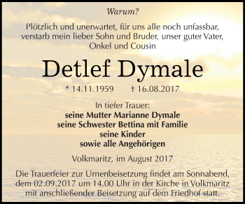 Traueranzeige von Detlef Dymale von Super Sonntag SGH Mansf. Land