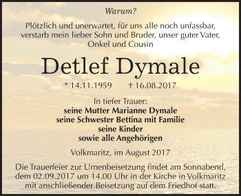Traueranzeige von Detlef Dymale von Mitteldeutsche Zeitung Mansfelder Land
