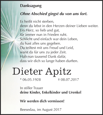 Traueranzeige von Dieter Apitz von Super Sonntag Bernburg
