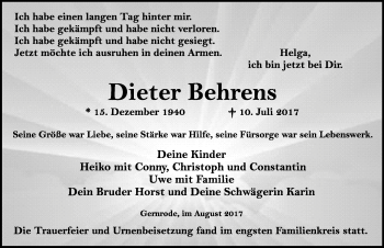 Traueranzeige von Dieter Behrens von Mitteldeutsche Zeitung Quedlinburg