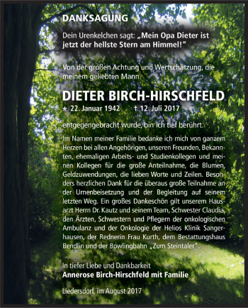 Traueranzeige von Dieter Birch-Hirschfeld von Super Sonntag SGH Mansf. Land