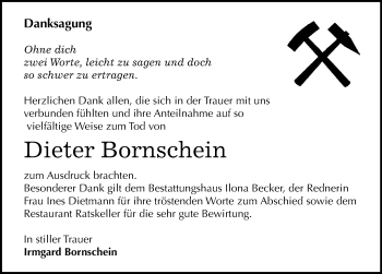 Traueranzeige von Dieter Bornschein von Mitteldeutsche Zeitung Sangerhausen