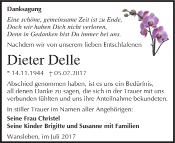 Traueranzeige von Dieter Delle von Mitteldeutsche Zeitung Mansfelder Land
