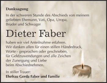 Traueranzeige von Dieter Faber von Super Sonntag Merseburg