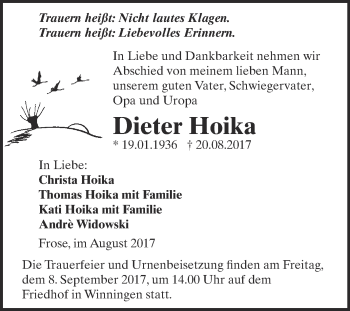 Traueranzeige von Dieter Hoika von Super Sonntag Aschersleben