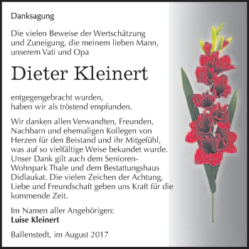 Traueranzeige von Dieter Kleinert von WVG - Wochenspiegel Quedlinburg