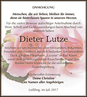 Traueranzeige von Dieter Lutze von WVG - Wochenspiegel NMB / WSF / ZTZ