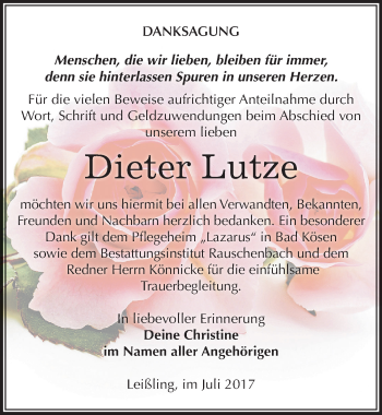 Traueranzeige von Dieter Lutze von Mitteldeutsche Zeitung Weißenfels
