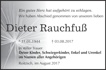 Traueranzeige von Dieter Rauchfuß von WVG - Wochenspiegel Bitterfeld