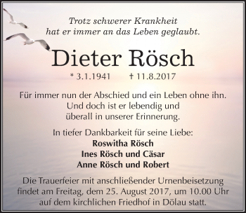 Traueranzeige von Dieter Rösch von Mitteldeutsche Zeitung Halle/Saalkreis