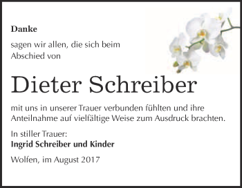 Traueranzeige von Dieter Schreiber von WVG - Wochenspiegel Bitterfeld