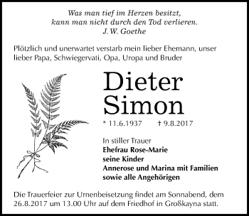 Traueranzeige von Dieter Simon von Mitteldeutsche Zeitung Merseburg/Querfurt