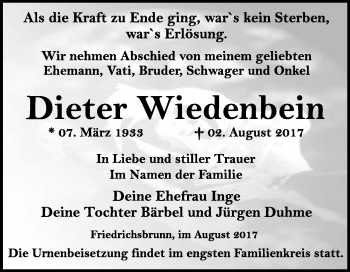 Traueranzeige von Dieter  Wiedenbein von WVG - Wochenspiegel Quedlinburg