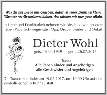 Traueranzeige von Dieter Wohl von WVG - Wochenspiegel Dessau / Köthen