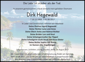 Traueranzeige von Dirk Hegewald von Super Sonntag SGH Mansf. Land