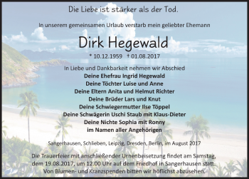 Traueranzeige von Dirk Hegewald von Mitteldeutsche Zeitung Sangerhausen