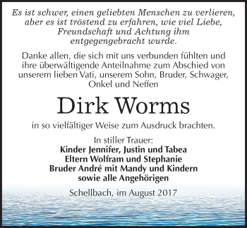 Traueranzeige von Dirk Worms von Mitteldeutsche Zeitung Zeitz