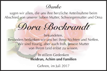 Traueranzeige von Dora Bockrandt von WVG - Wochenspiegel NMB / WSF / ZTZ