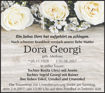 Traueranzeige von Dora Georgi von WVG - Wochenspiegel NMB / WSF / ZTZ