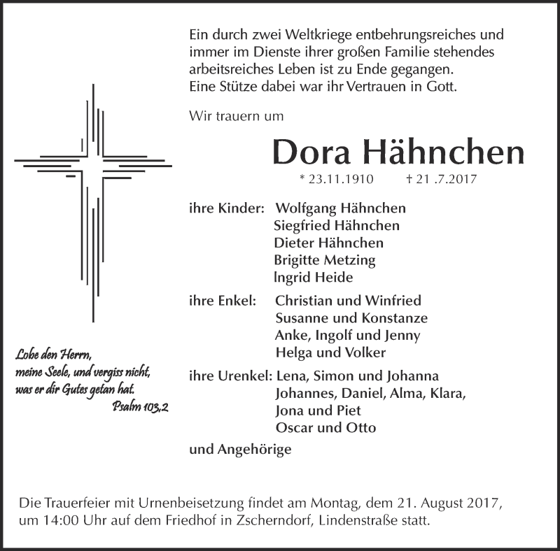  Traueranzeige für Dora Hähnchen vom 02.08.2017 aus WVG - Wochenspiegel Bitterfeld