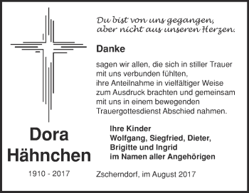 Traueranzeige von Dora Hähnchen von WVG - Wochenspiegel Bitterfeld
