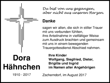 Traueranzeige von Dora Hähnchen von Mitteldeutsche Zeitung Bitterfeld