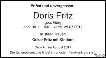 Traueranzeige von Doris Fritz von Super Sonntag Zeitz