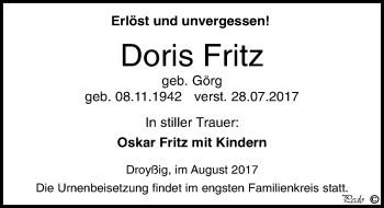 Traueranzeige von Doris Fritz von Mitteldeutsche Zeitung Zeitz