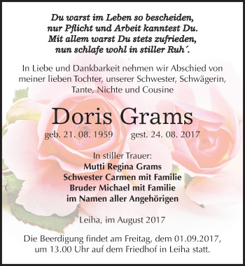 Traueranzeige von Doris Grams von Mitteldeutsche Zeitung Merseburg/Querfurt