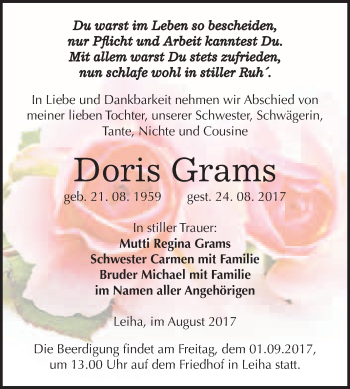 Traueranzeige von Doris Grams von WVG - Wochenspiegel Merseburg